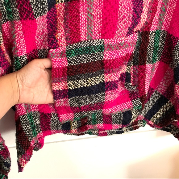 - PLAID Vintage 80s 90s Mexican Surfer Baja Pullover Hoodie / woven poncho - Picture 3 of 6